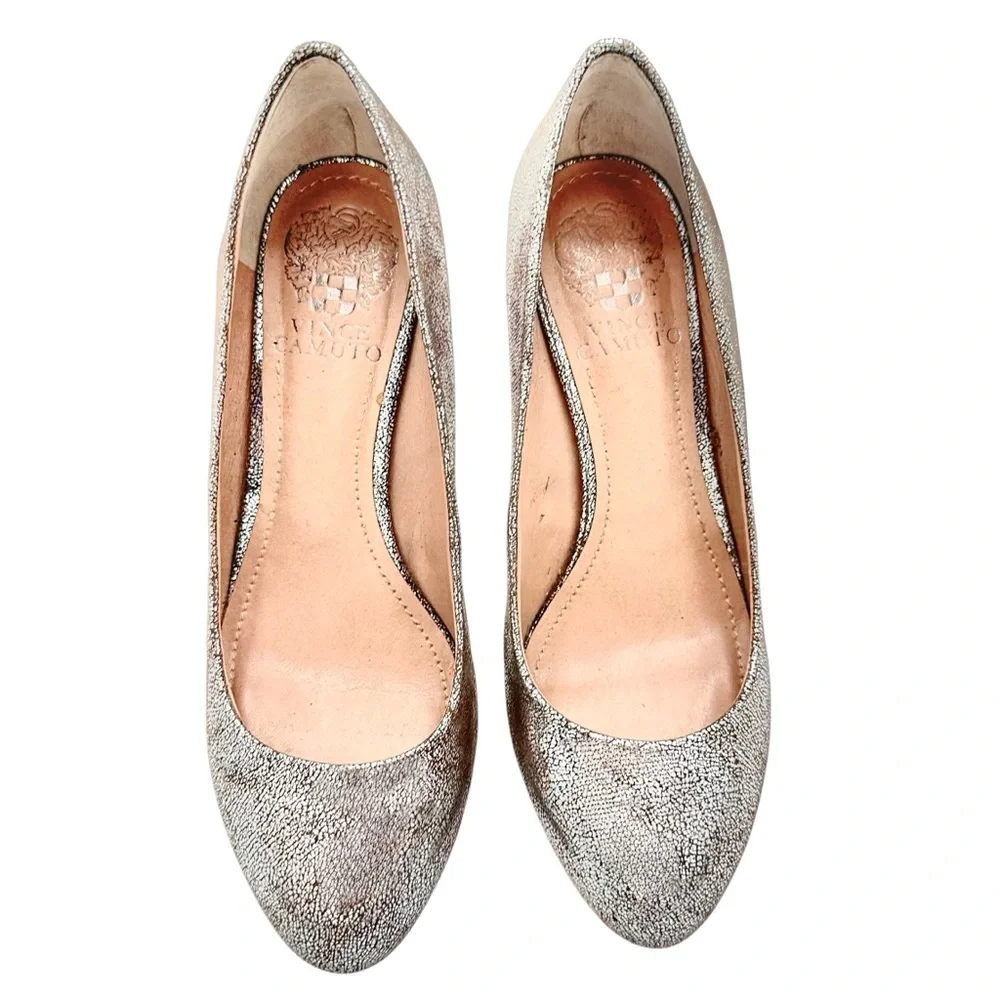 Vince Camuto Metallic Leather Wedge Heels Sz 6.5 VC-Melle Enhanced Silver‎ Pumps